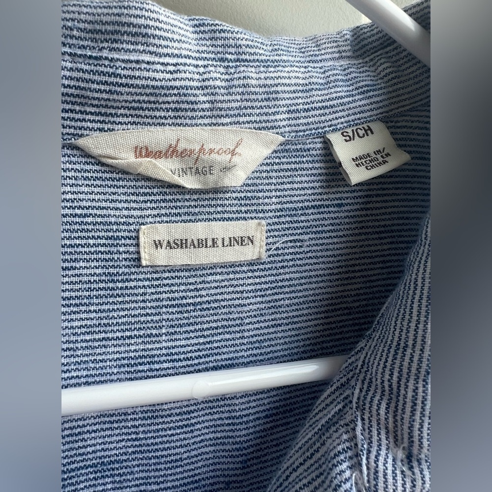 Weatherproof Vintage Washable Linen Striped Button Tie Hem Top Size S Lagenlook - Picture 3 of 8